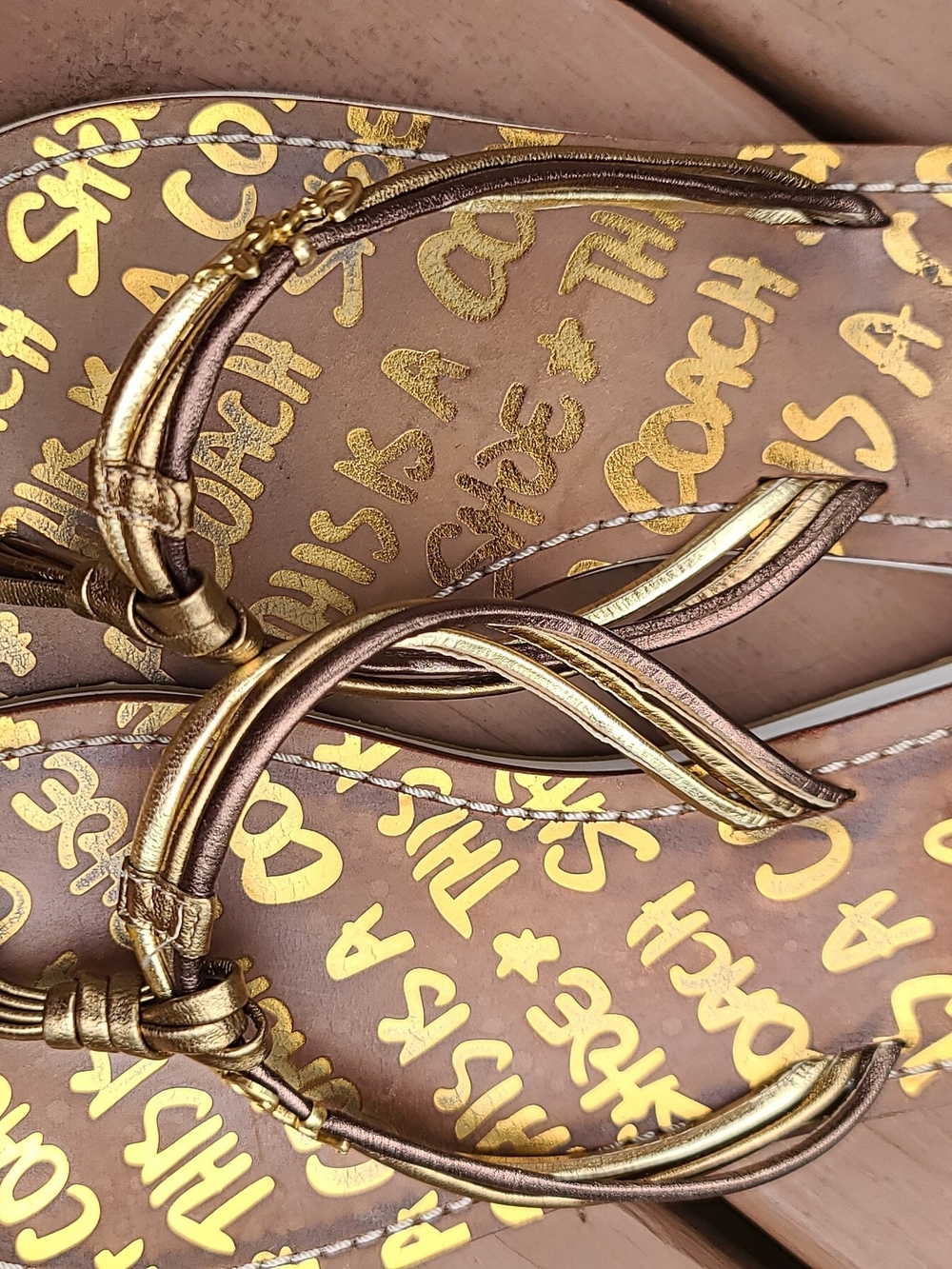 Coach Metallic Gold Script Leather Thong Sandals